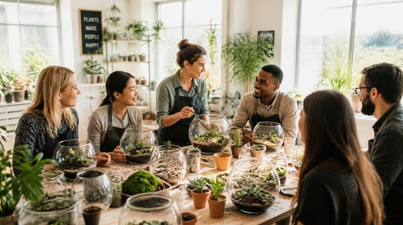 Neighbors building glass terrariums together at a local plant shop workshop