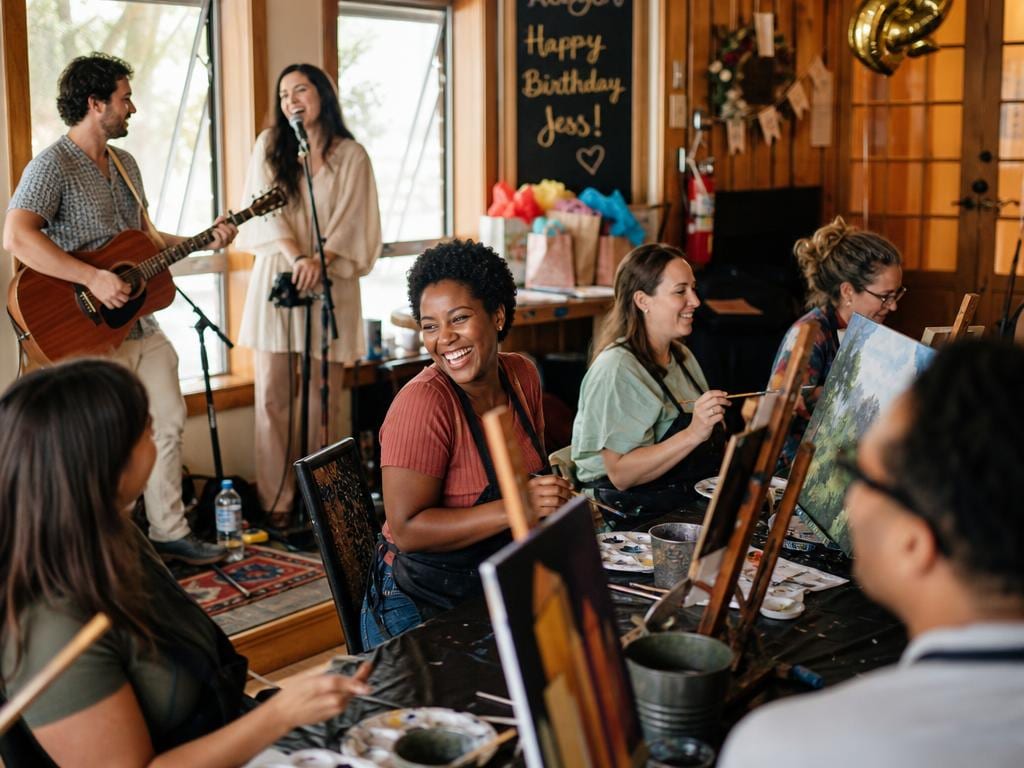 A birthday celebration with friends painting at a workshop while a local band plays nearby