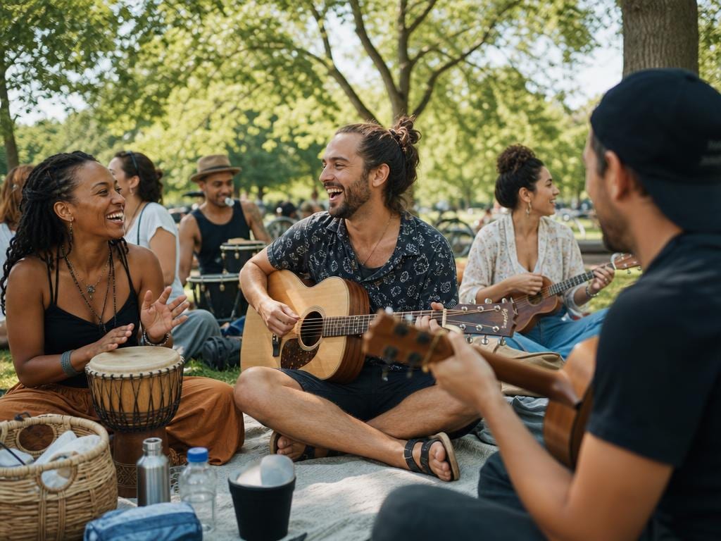 A group of people playing acoustic instruments together in a sunny park